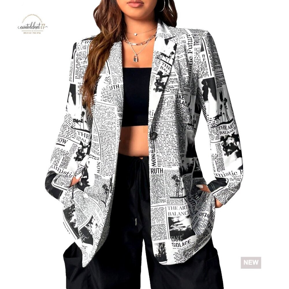 Newspaper Print Blazer Shawl Collar Long Sleeve Work Office Jacket Chic